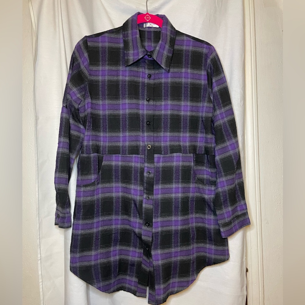 Hotouch Purple and Black Plaid Button Down Shirt Dress w/ Pockets GUC Size Small
